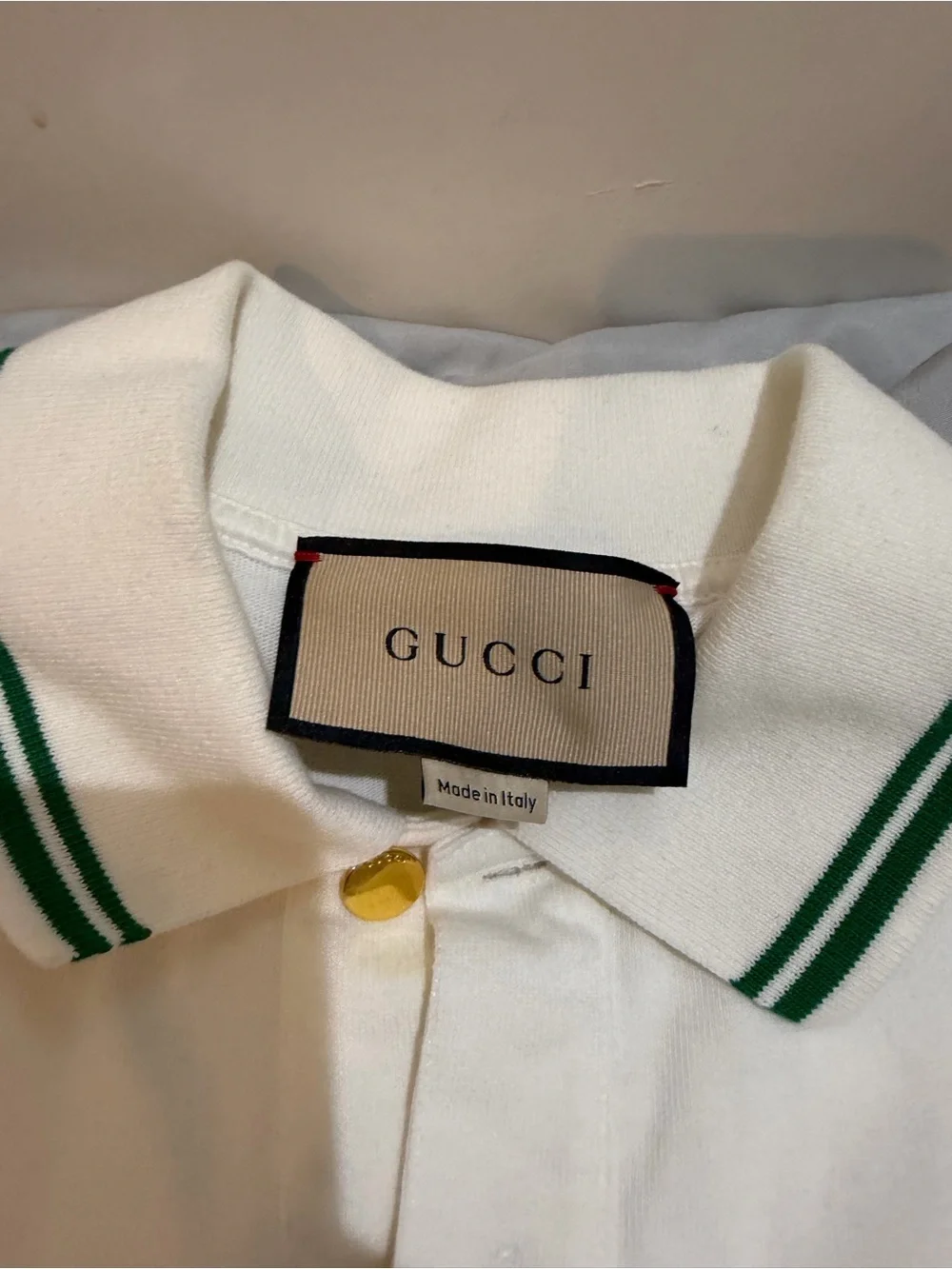 Gucci White Polo with Green Stripe Trim and Chest Web